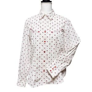 RU Cowgirl Womens Fleur De Lis 100% Cotton Western Snap Button Shirt White Red
